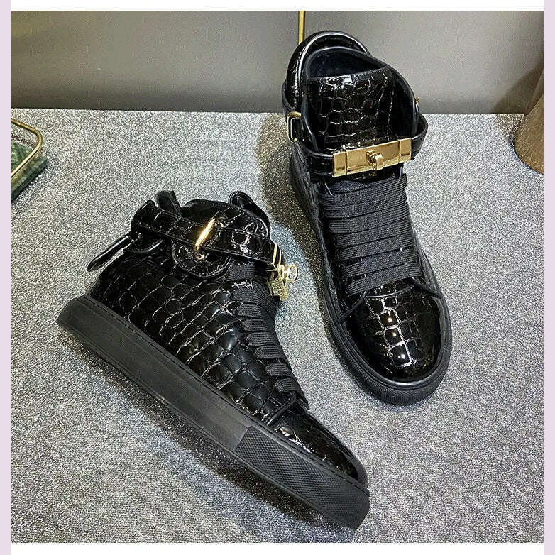 KIMLUD, Men Embossed Crocodile High Top Sneakers Lock Lace Red Flats Real Leather Designer Boots Men‘s Casual Shoes, KIMLUD Womens Clothes