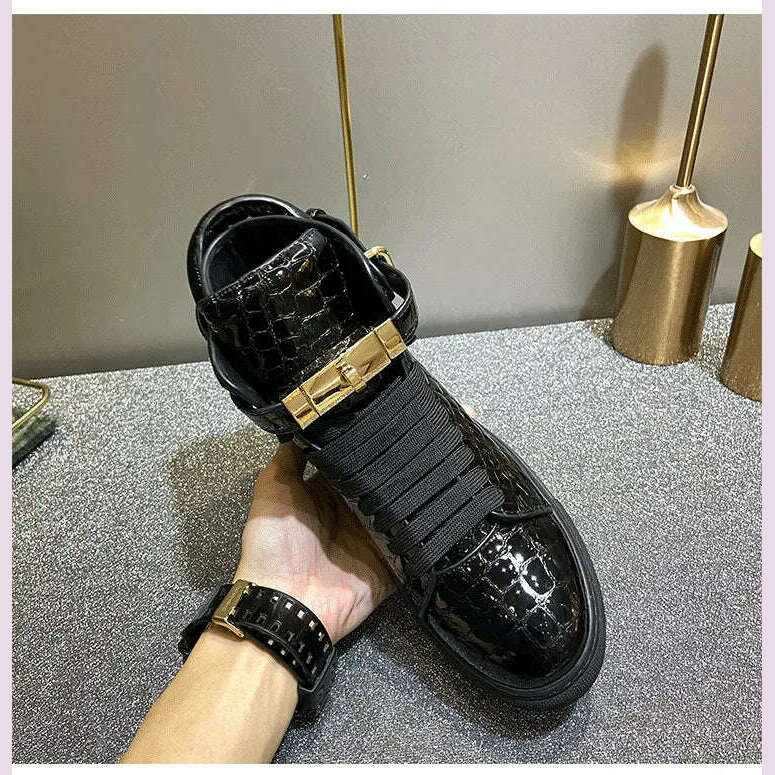 KIMLUD, Men Embossed Crocodile High Top Sneakers Lock Lace Red Flats Real Leather Designer Boots Men‘s Casual Shoes, KIMLUD Womens Clothes