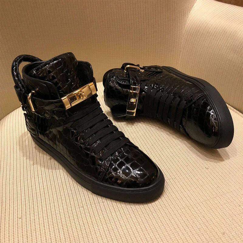 KIMLUD, Men Embossed Crocodile High Top Sneakers Lock Lace Red Flats Real Leather Designer Boots Men‘s Casual Shoes, Black / 9.5, KIMLUD APPAREL - Womens Clothes