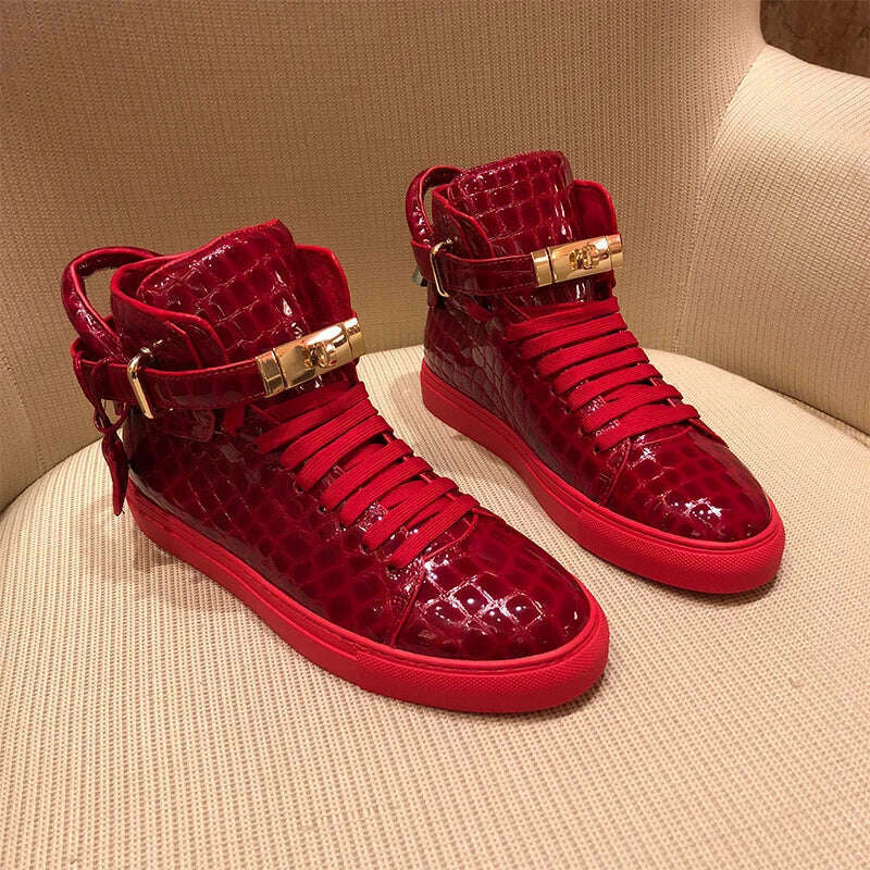 KIMLUD, Men Embossed Crocodile High Top Sneakers Lock Lace Red Flats Real Leather Designer Boots Men‘s Casual Shoes, Red / 9.5, KIMLUD APPAREL - Womens Clothes