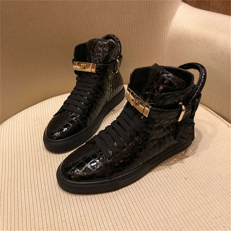 KIMLUD, Men Embossed High Top Sneakers Lock Lace Red Metal Real Leather Designer Flat Men Platform Casual Shoes, KIMLUD Womens Clothes