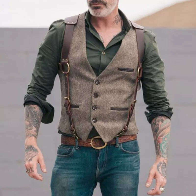 Men Suit Vests Tweed Formal Victorian Business Dress Waistcoat Cosplay Mens Gentleman Groomman Wedding Slim Fit Gilet Tuxedo - KIMLUD