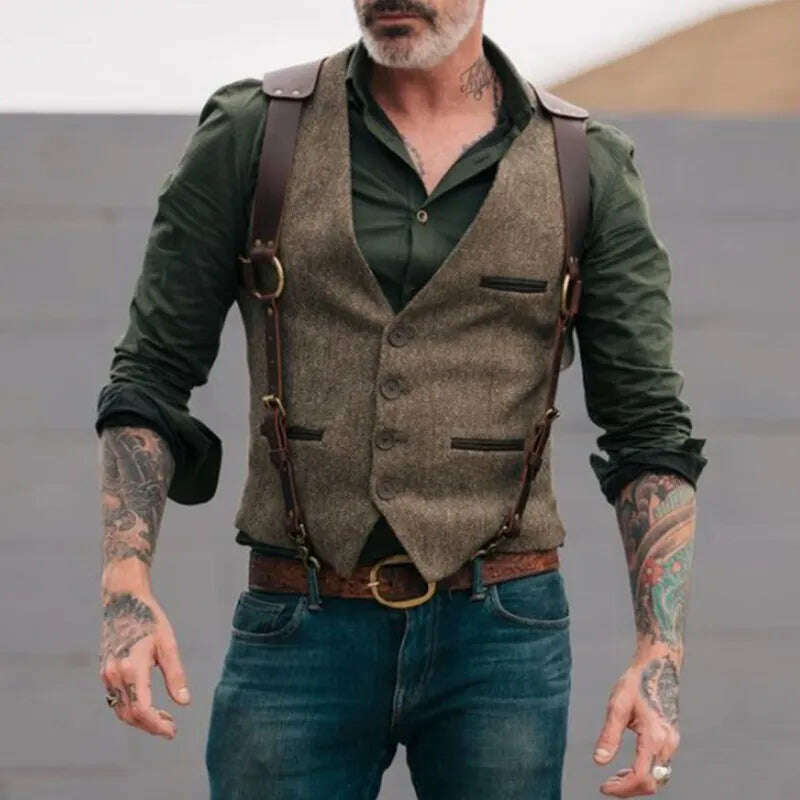 Men Suit Vests Tweed Formal Victorian Business Dress Waistcoat Cosplay Mens Gentleman Groomman Wedding Slim Fit Gilet Tuxedo - KIMLUD