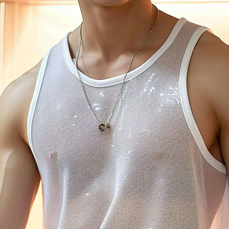 Men Tank Tops Solid O-neck Sleeve Mesh Transparent Sexy Vests Streetwear 2023 Fashion Party Casual Men Clothing S-5XL INCERUN - KIMLUD