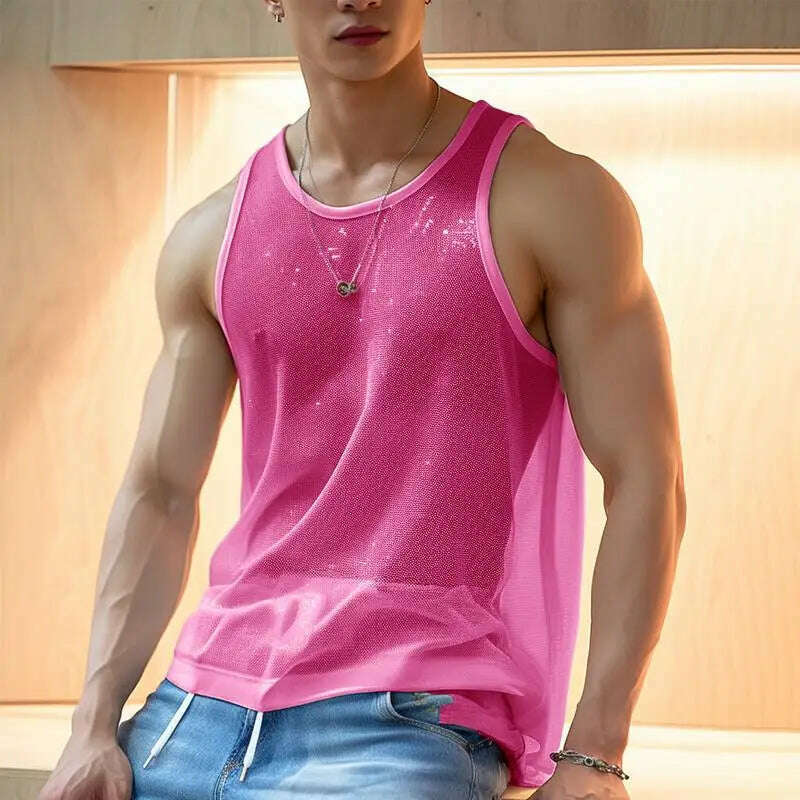 Men Tank Tops Solid O-neck Sleeve Mesh Transparent Sexy Vests Streetwear 2023 Fashion Party Casual Men Clothing S-5XL INCERUN - KIMLUD