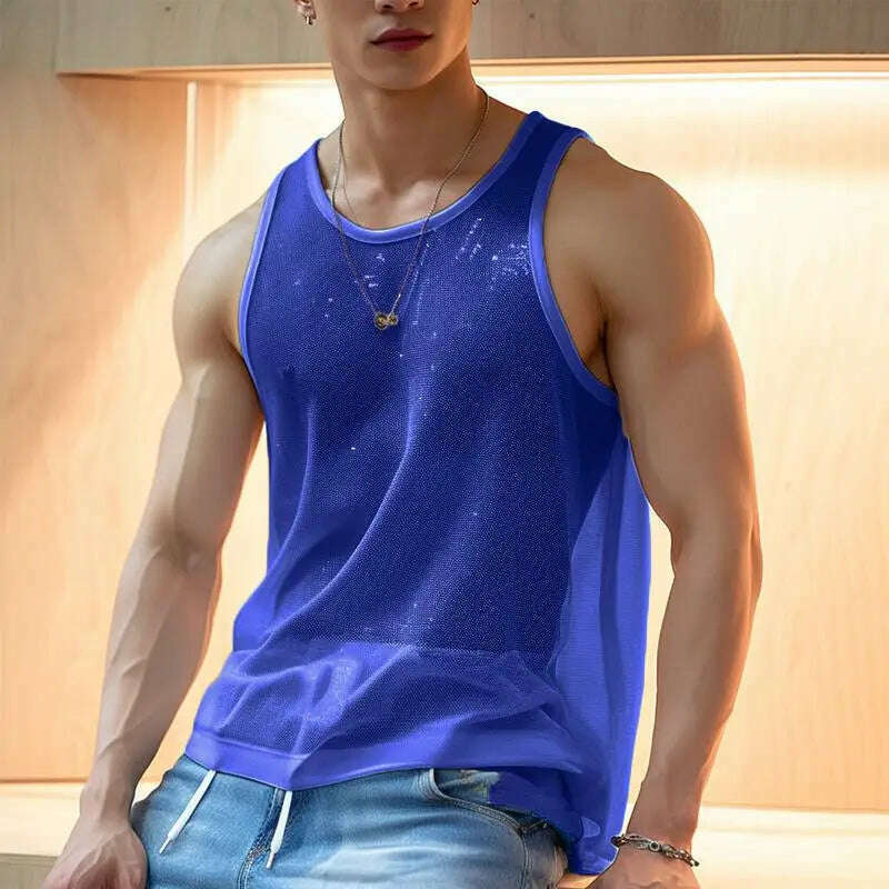 Men Tank Tops Solid O-neck Sleeve Mesh Transparent Sexy Vests Streetwear 2023 Fashion Party Casual Men Clothing S-5XL INCERUN - KIMLUD
