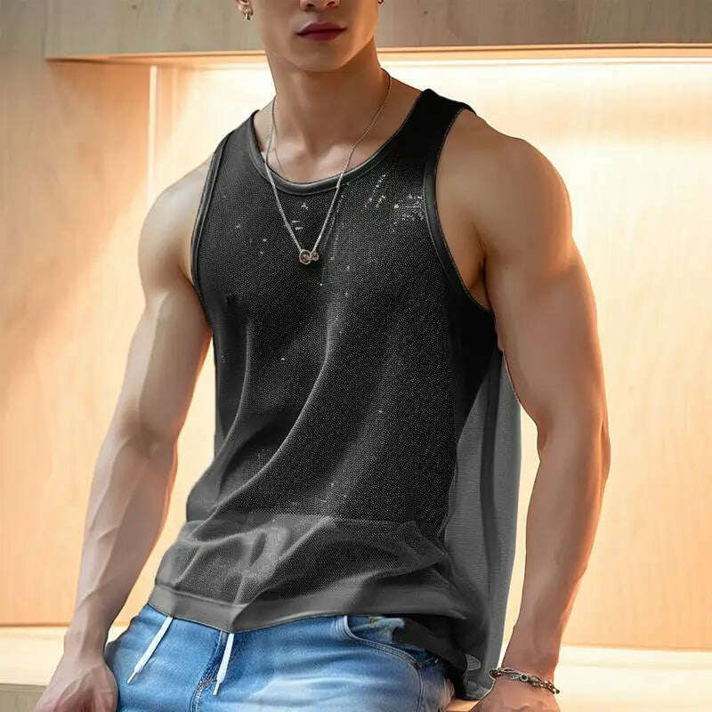 Men Tank Tops Solid O-neck Sleeve Mesh Transparent Sexy Vests Streetwear 2023 Fashion Party Casual Men Clothing S-5XL INCERUN - KIMLUD