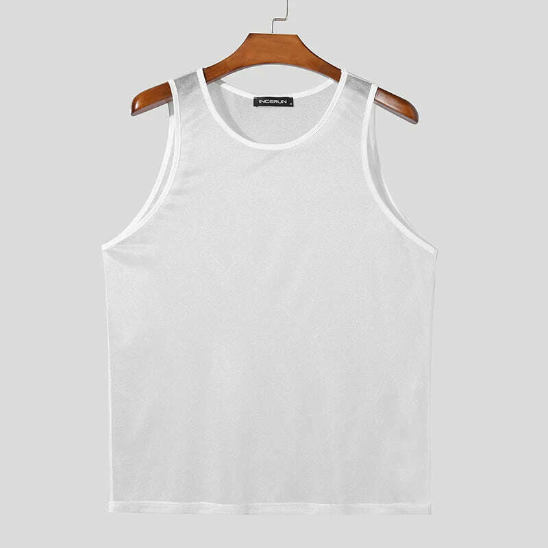 Men Tank Tops Solid O-neck Sleeve Mesh Transparent Sexy Vests Streetwear 2023 Fashion Party Casual Men Clothing S-5XL INCERUN - KIMLUD