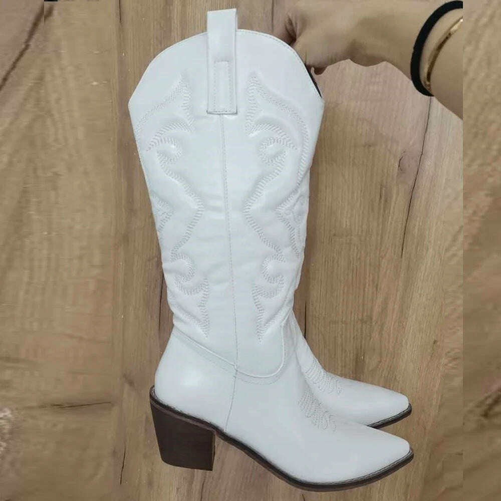 Metallic Cowboy boots woman Western Boots For Women 2022 Zip Embroidered Pointed Toe Heeled Winter Shoes Pink Red Gold Metalic - KIMLUD