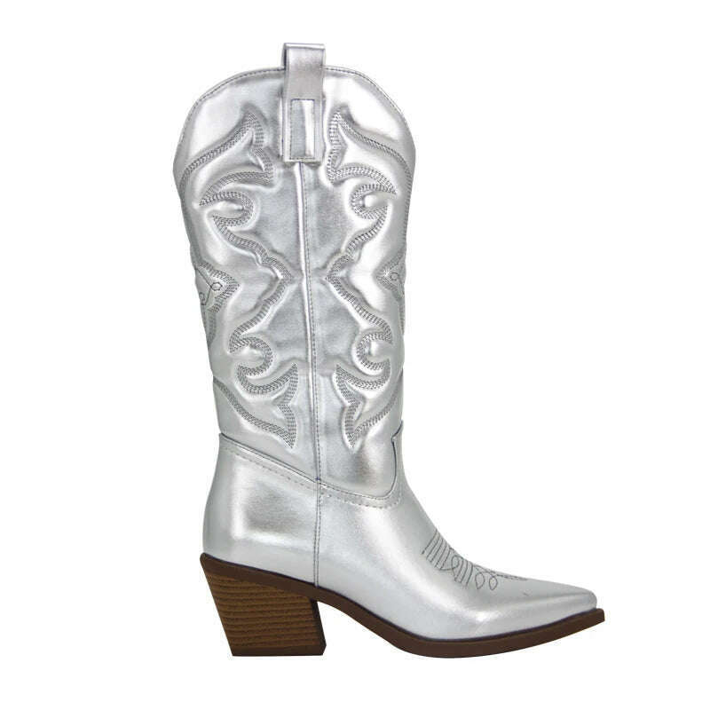 Metallic Cowboy boots woman Western Boots For Women 2022 Zip Embroidered Pointed Toe Heeled Winter Shoes Pink Red Gold Metalic - KIMLUD