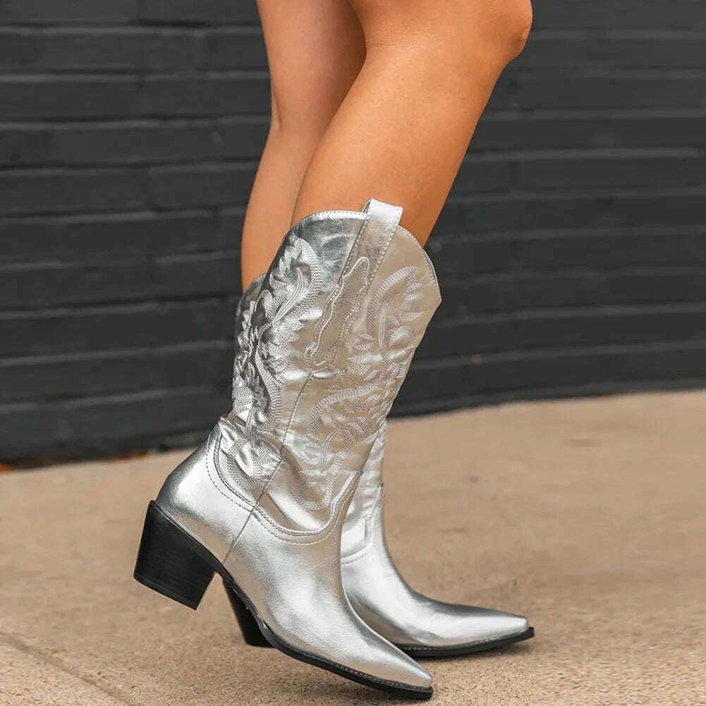Metallic Cowboy boots woman Western Boots For Women 2022 Zip Embroidered Pointed Toe Heeled Winter Shoes Pink Red Gold Metalic - KIMLUD