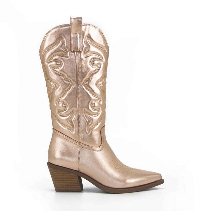 Metallic Cowboy boots woman Western Boots For Women 2022 Zip Embroidered Pointed Toe Heeled Winter Shoes Pink Red Gold Metalic - KIMLUD