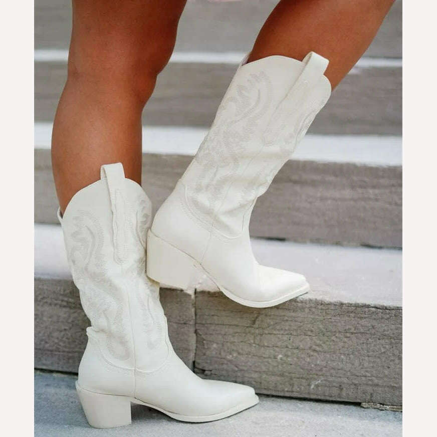 Metallic Cowboy boots woman Western Boots For Women 2022 Zip Embroidered Pointed Toe Heeled Winter Shoes Pink Red Gold Metalic - KIMLUD