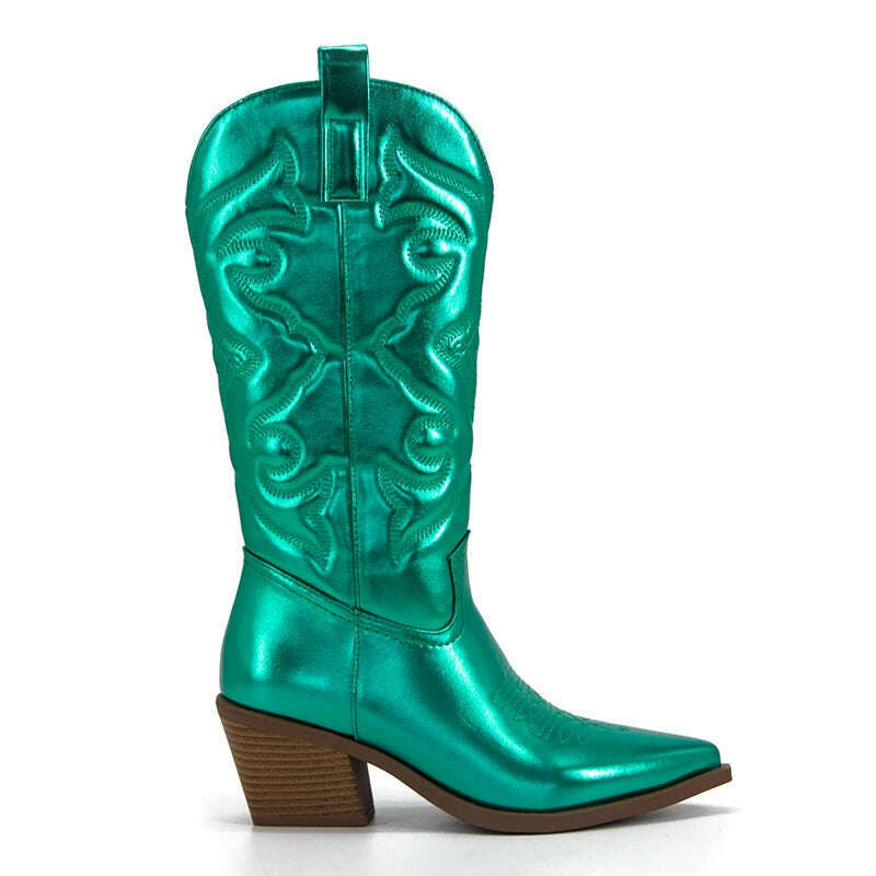 Metallic Cowboy boots woman Western Boots For Women 2022 Zip Embroidered Pointed Toe Heeled Winter Shoes Pink Red Gold Metalic - KIMLUD
