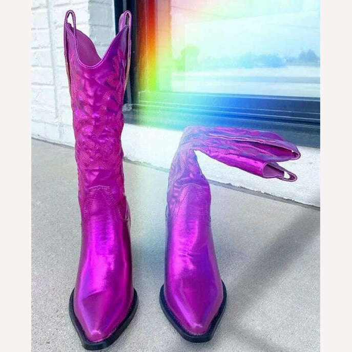 Metallic Cowboy boots woman Western Boots For Women 2022 Zip Embroidered Pointed Toe Heeled Winter Shoes Pink Red Gold Metalic - KIMLUD