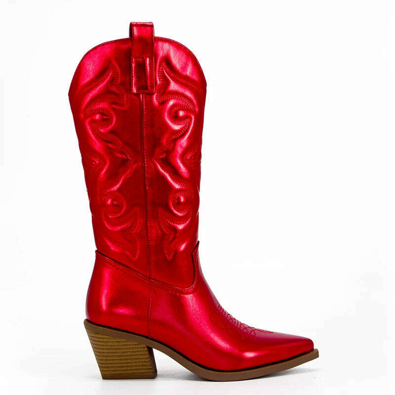 Metallic Cowboy boots woman Western Boots For Women 2022 Zip Embroidered Pointed Toe Heeled Winter Shoes Pink Red Gold Metalic - KIMLUD