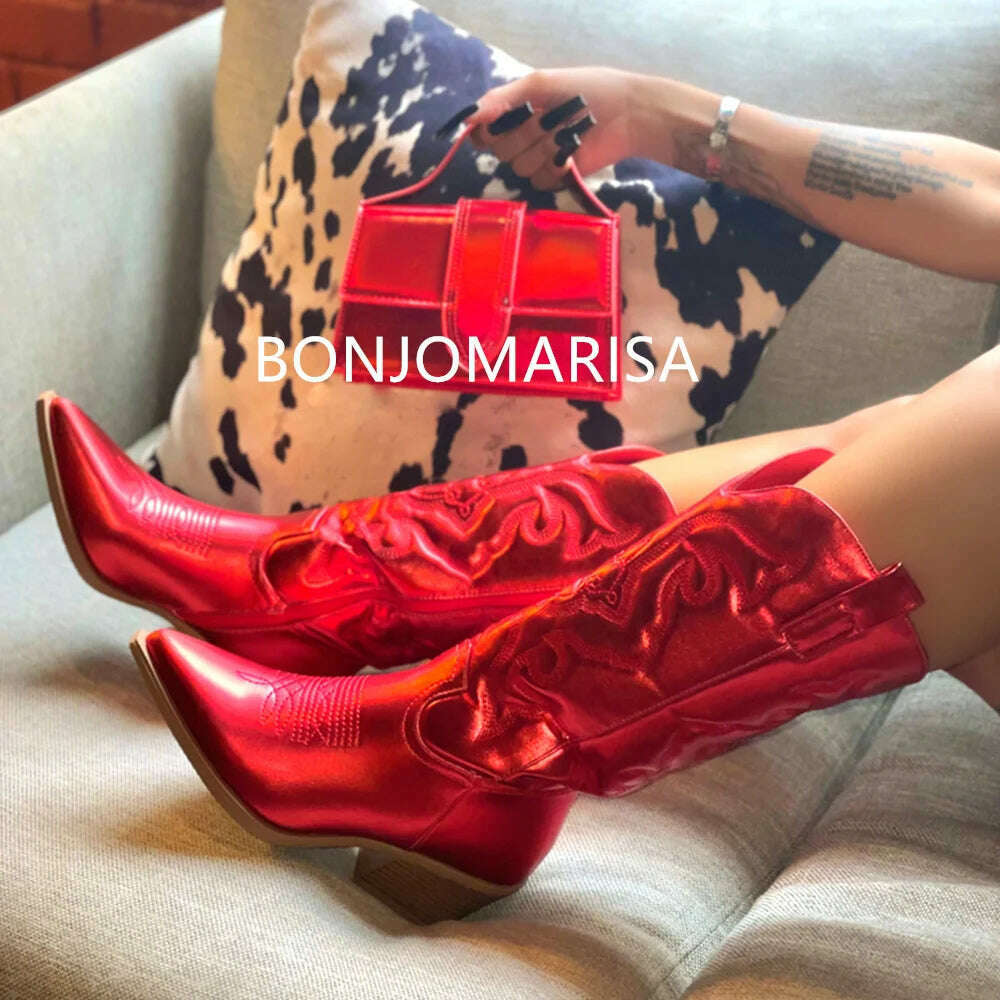 Metallic Cowboy boots woman Western Boots For Women 2022 Zip Embroidered Pointed Toe Heeled Winter Shoes Pink Red Gold Metalic - KIMLUD
