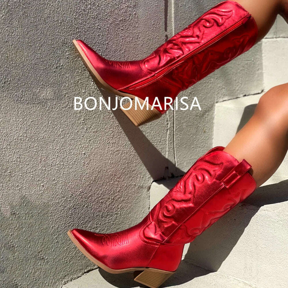Metallic Cowboy boots woman Western Boots For Women 2022 Zip Embroidered Pointed Toe Heeled Winter Shoes Pink Red Gold Metalic - KIMLUD