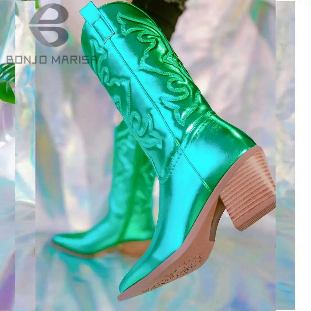 Metallic Cowboy boots woman Western Boots For Women 2022 Zip Embroidered Pointed Toe Heeled Winter Shoes Pink Red Gold Metalic - KIMLUD