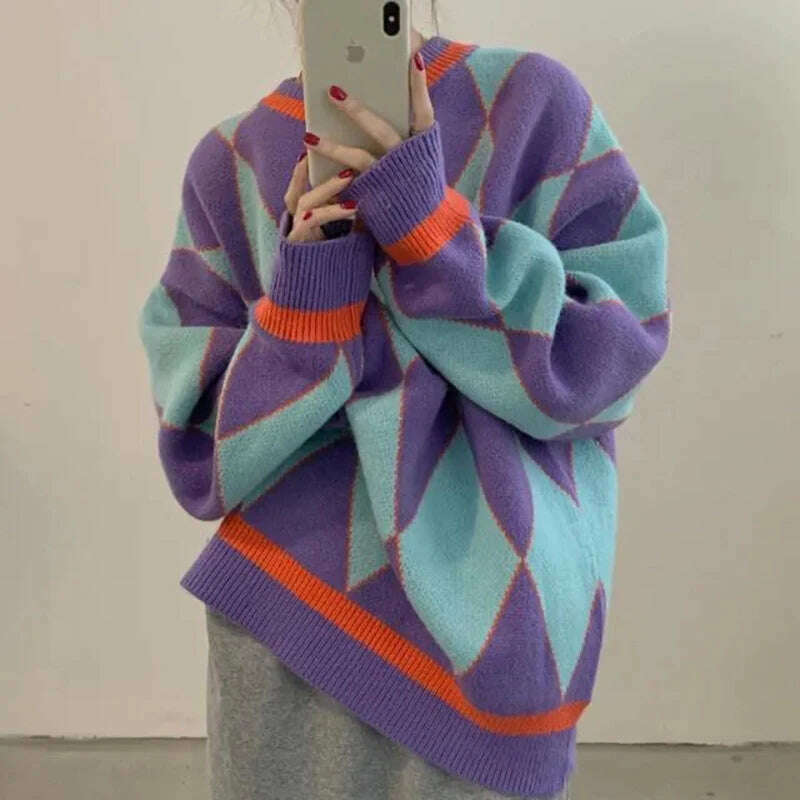 MEXZT Streetwear Argyle Sweater Women Oversized Plaid Knitted Pullovers Vintage Korean Loose Knitwear Harajuku Casual Jumper New - KIMLUD