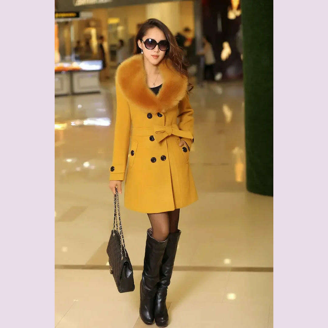 KIMLUD, Mid Length Wool Coats Women Fur Collar Splice Blends Korean Full Sleeve Double Breasted Lace Up Belt Thick Warm Winter Jackets, KIMLUD Womens Clothes