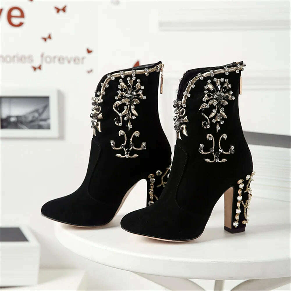 MILI-MIYA Fashion Women Kid Suede Ankle Boots Zipper Round Toe Crystal Square Heels Spring/Autumn Party Shoes Plus Size 34-43 - KIMLUD