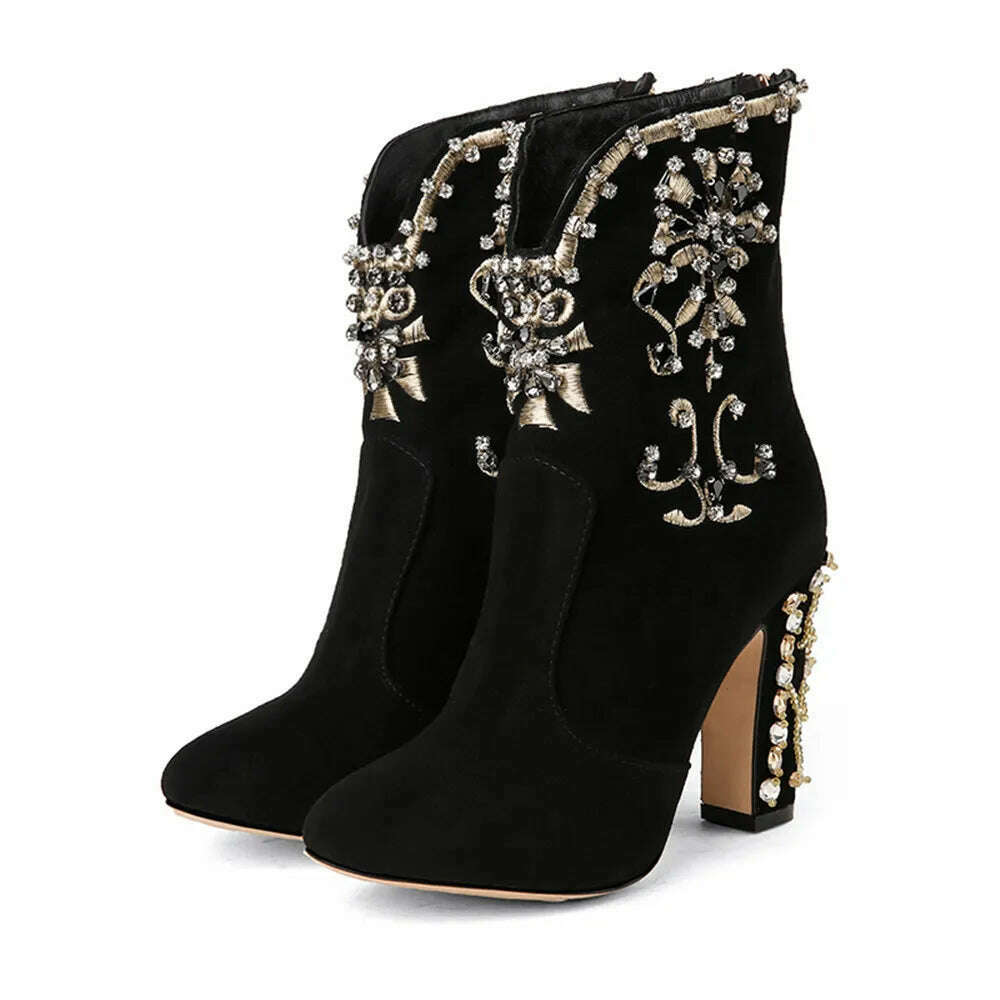 MILI-MIYA Fashion Women Kid Suede Ankle Boots Zipper Round Toe Crystal Square Heels Spring/Autumn Party Shoes Plus Size 34-43 - KIMLUD
