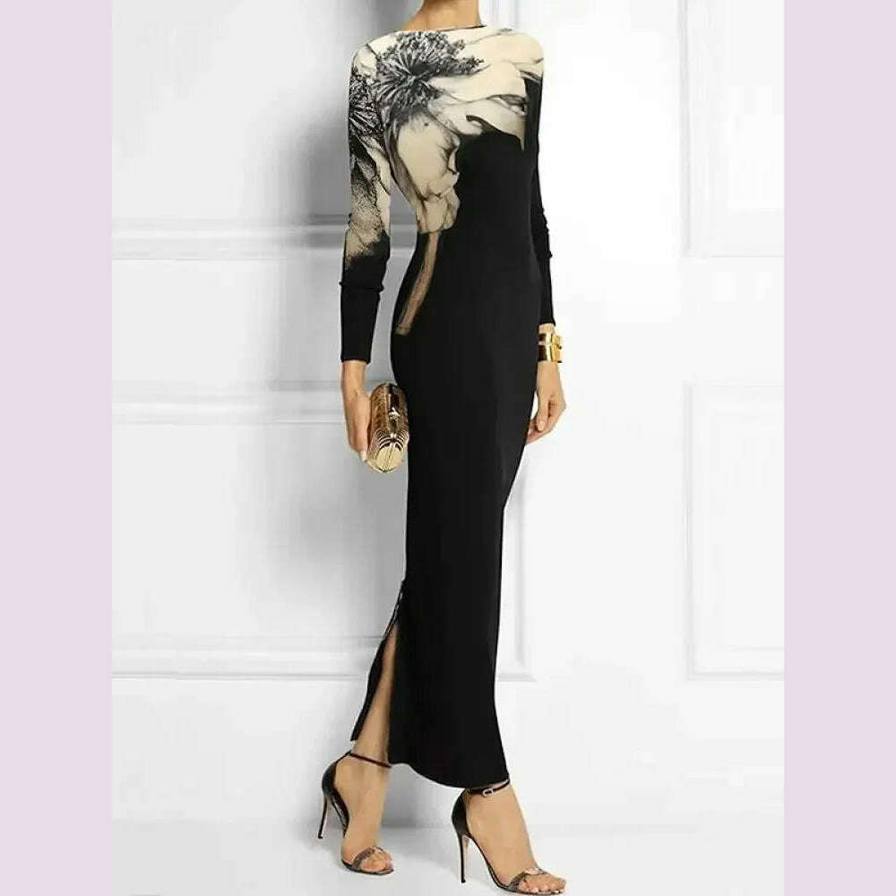 KIMLUD, Missuoo Floral Printed Black Dress for Women 2024 Fashion Slim Fit Round Neck Long Sleeve Split-back Skinny Party Dresses, KIMLUD Womens Clothes