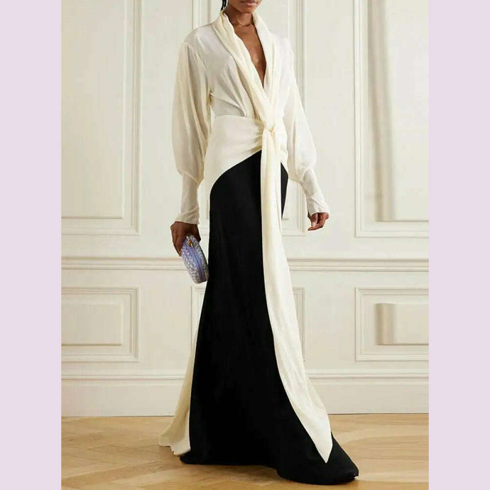 KIMLUD, Missuoo Women Dress Black and White Elegant Evening Dresses Deep V-neck Long Sleeve Thin Maxi Dress Summer Fashion Pleated Dress, KIMLUD Womens Clothes