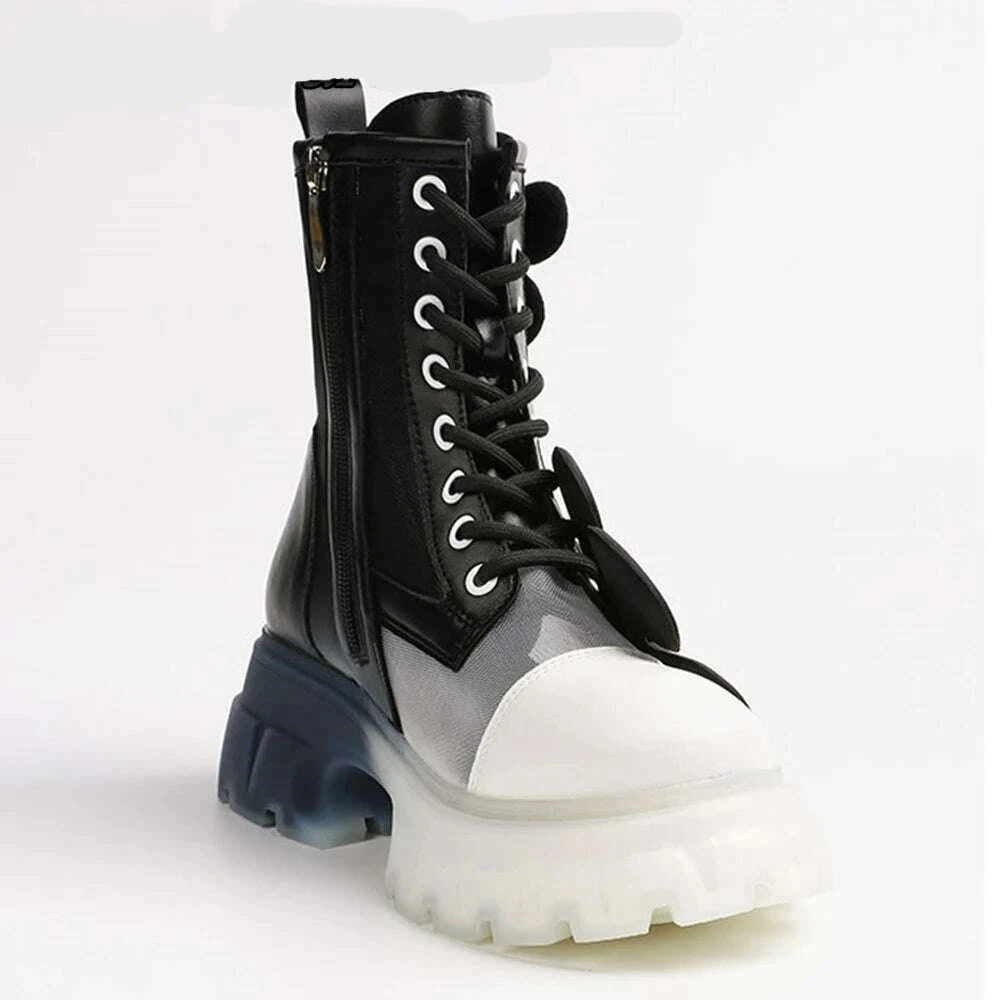 Mixed Color Air Mesh EVA Flower Thick Bottom Boots Round Toe Lace Up Side Zipper Mid Calf Boots New Year Christmas Wild Shoes - KIMLUD