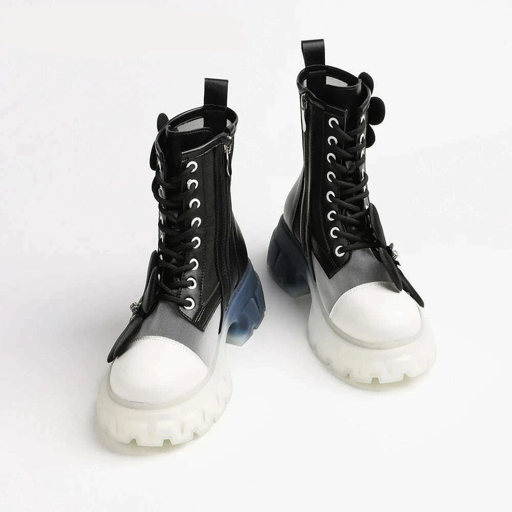 Mixed Color Air Mesh EVA Flower Thick Bottom Boots Round Toe Lace Up Side Zipper Mid Calf Boots New Year Christmas Wild Shoes - KIMLUD