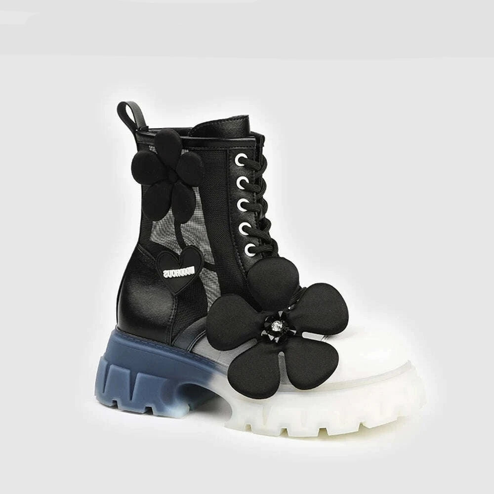 Mixed Color Air Mesh EVA Flower Thick Bottom Boots Round Toe Lace Up Side Zipper Mid Calf Boots New Year Christmas Wild Shoes - KIMLUD