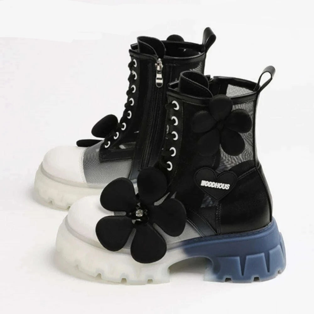 Mixed Color Air Mesh EVA Flower Thick Bottom Boots Round Toe Lace Up Side Zipper Mid Calf Boots New Year Christmas Wild Shoes - KIMLUD