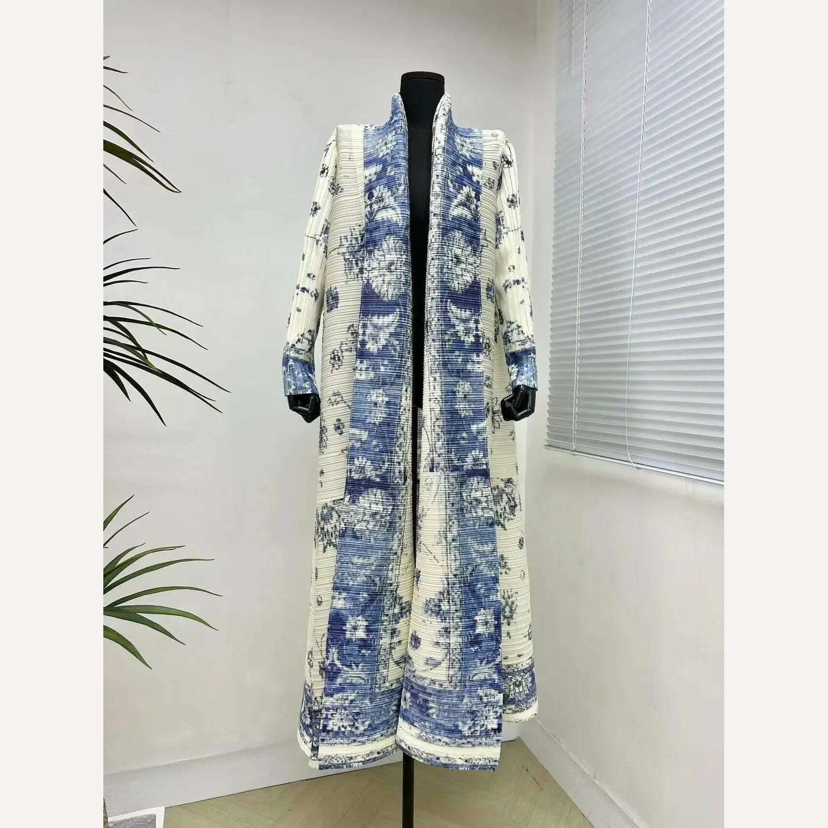 Miyake Pleated Women's Long Cardigan Windbreaker Coat Autumn New Ethnic Style Printing Loose Plus Size Dress Cloak Robe - KIMLUD