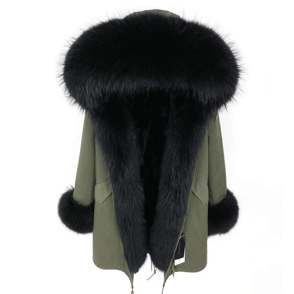 MMK fashion women's parka coat rabbit fur lining big raccoon fur collar winter coat jacket long hooded army green season warm ja - KIMLUD
