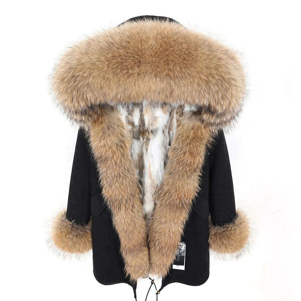MMK fashion women's parka coat rabbit fur lining big raccoon fur collar winter coat jacket long hooded army green season warm ja - KIMLUD