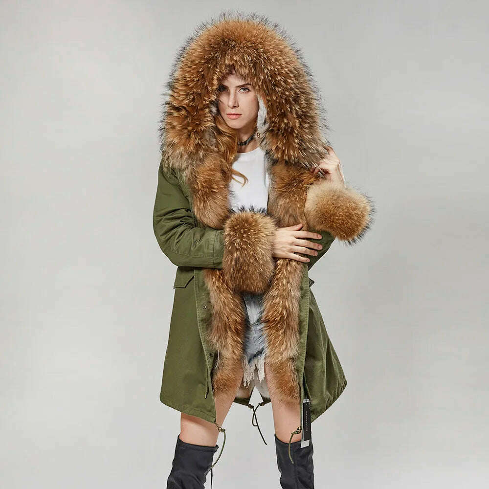 MMK fashion women's parka coat rabbit fur lining big raccoon fur collar winter coat jacket long hooded army green season warm ja - KIMLUD
