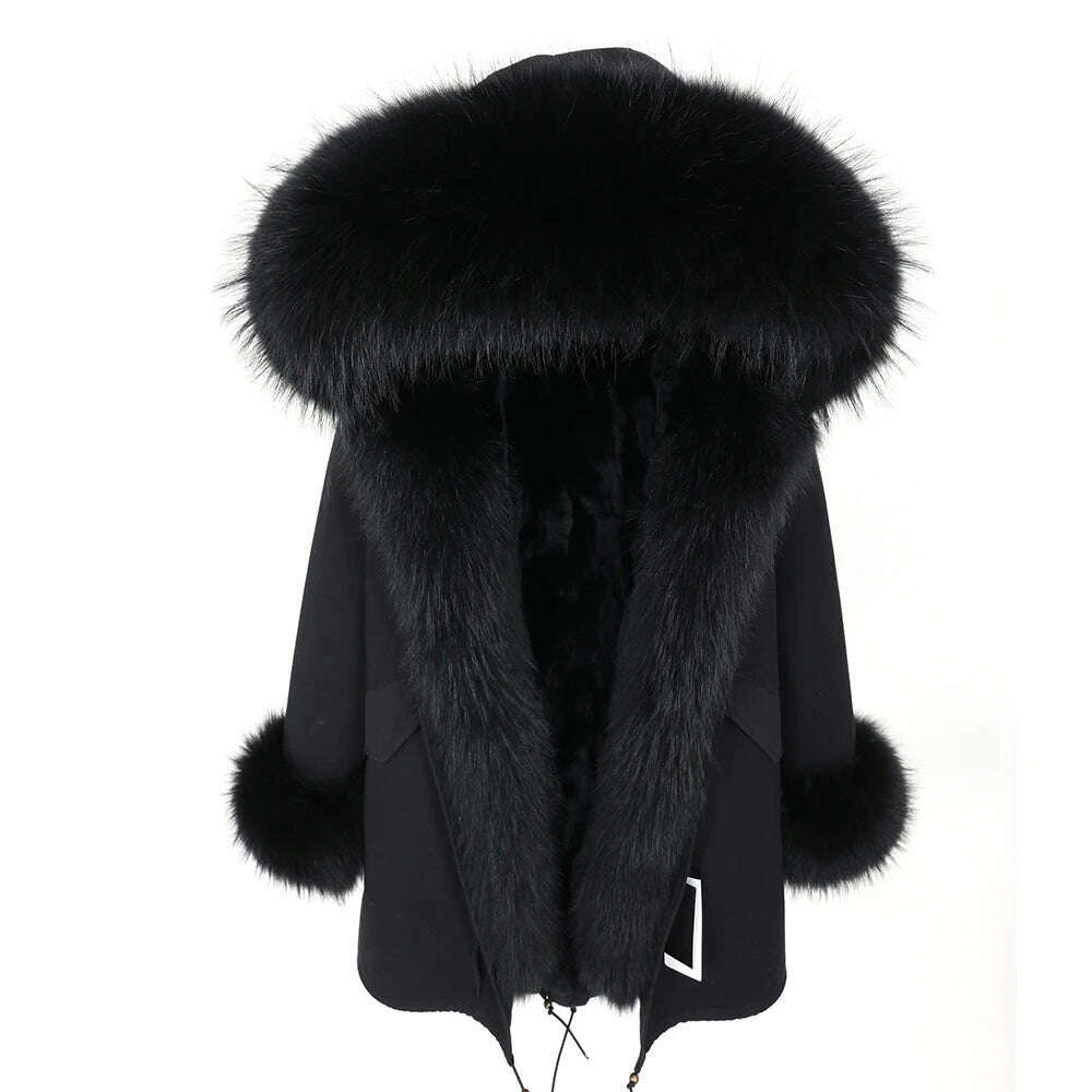 MMK fashion women's parka coat rabbit fur lining big raccoon fur collar winter coat jacket long hooded army green season warm ja - KIMLUD