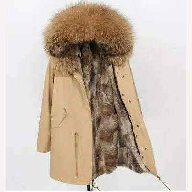 MMK fashion women's parka coat rabbit fur lining big raccoon fur collar winter coat jacket long hooded army green season warm ja - KIMLUD