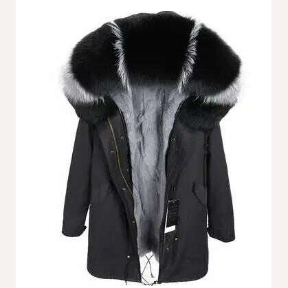 MMK fashion women's parka coat rabbit fur lining big raccoon fur collar winter coat jacket long hooded army green season warm ja - KIMLUD
