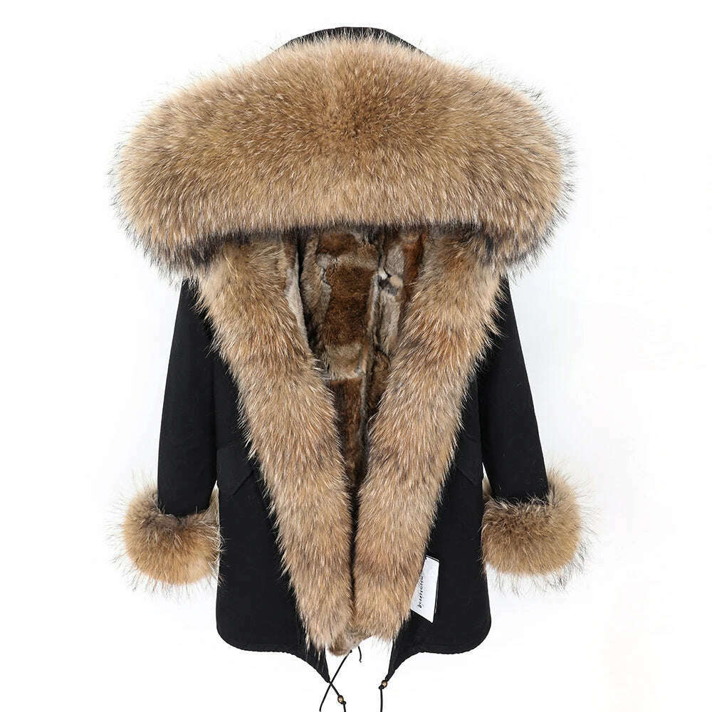 MMK fashion women's parka coat rabbit fur lining big raccoon fur collar winter coat jacket long hooded army green season warm ja - KIMLUD