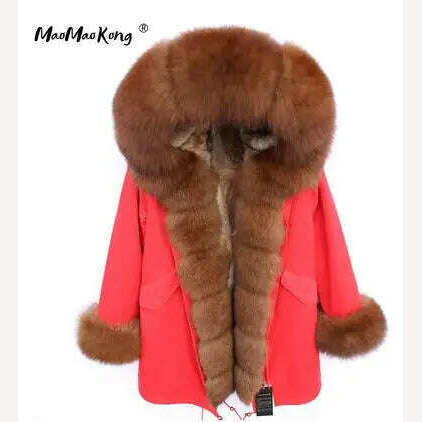 MMK fashion women's parka coat rabbit fur lining big raccoon fur collar winter coat jacket long hooded army green season warm ja - KIMLUD
