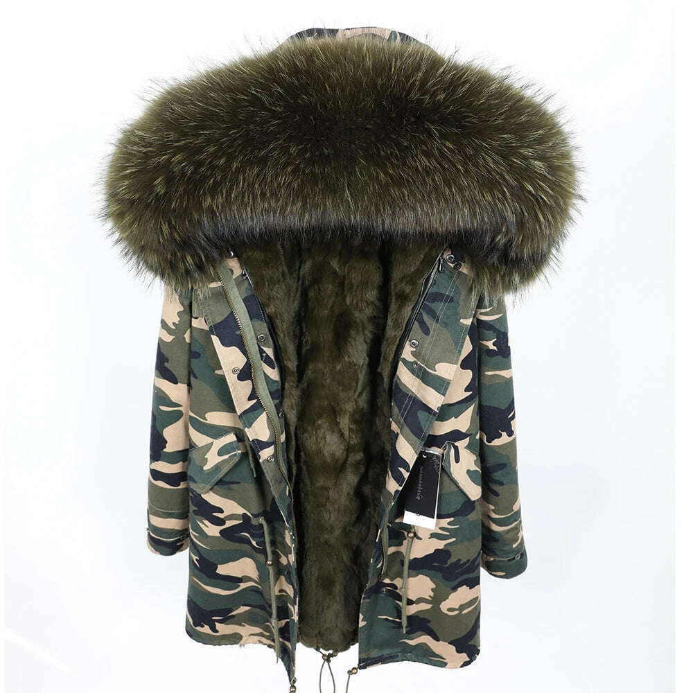 MMK fashion women's parka coat rabbit fur lining big raccoon fur collar winter coat jacket long hooded army green season warm ja - KIMLUD