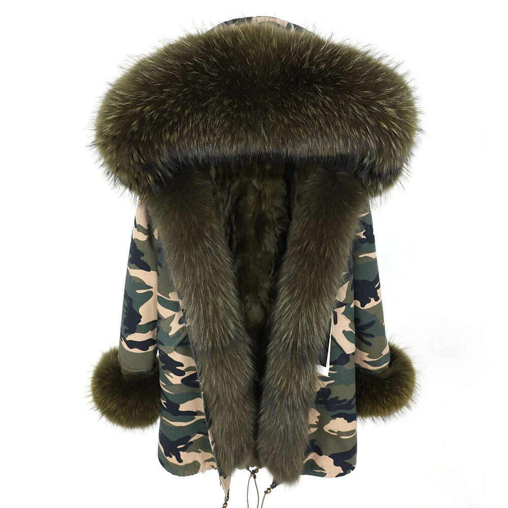 MMK fashion women's parka coat rabbit fur lining big raccoon fur collar winter coat jacket long hooded army green season warm ja - KIMLUD