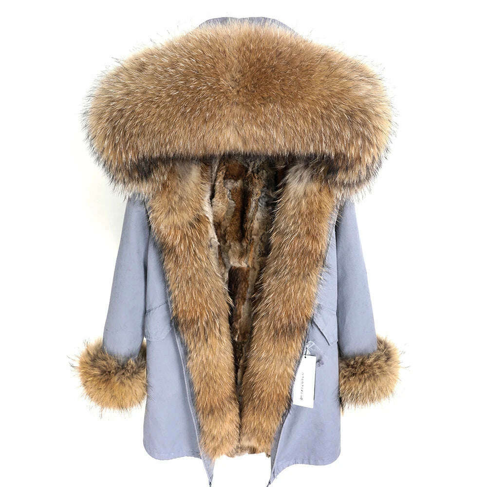 MMK fashion women's parka coat rabbit fur lining big raccoon fur collar winter coat jacket long hooded army green season warm ja - KIMLUD