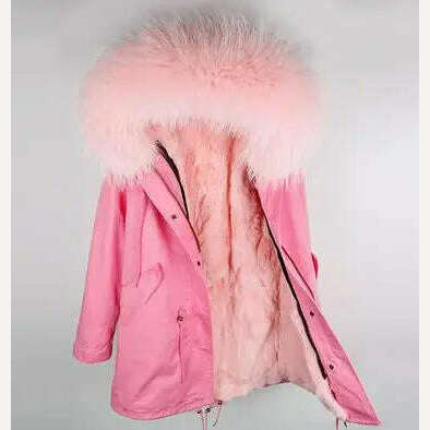 MMK fashion women's parka coat rabbit fur lining big raccoon fur collar winter coat jacket long hooded army green season warm ja - KIMLUD