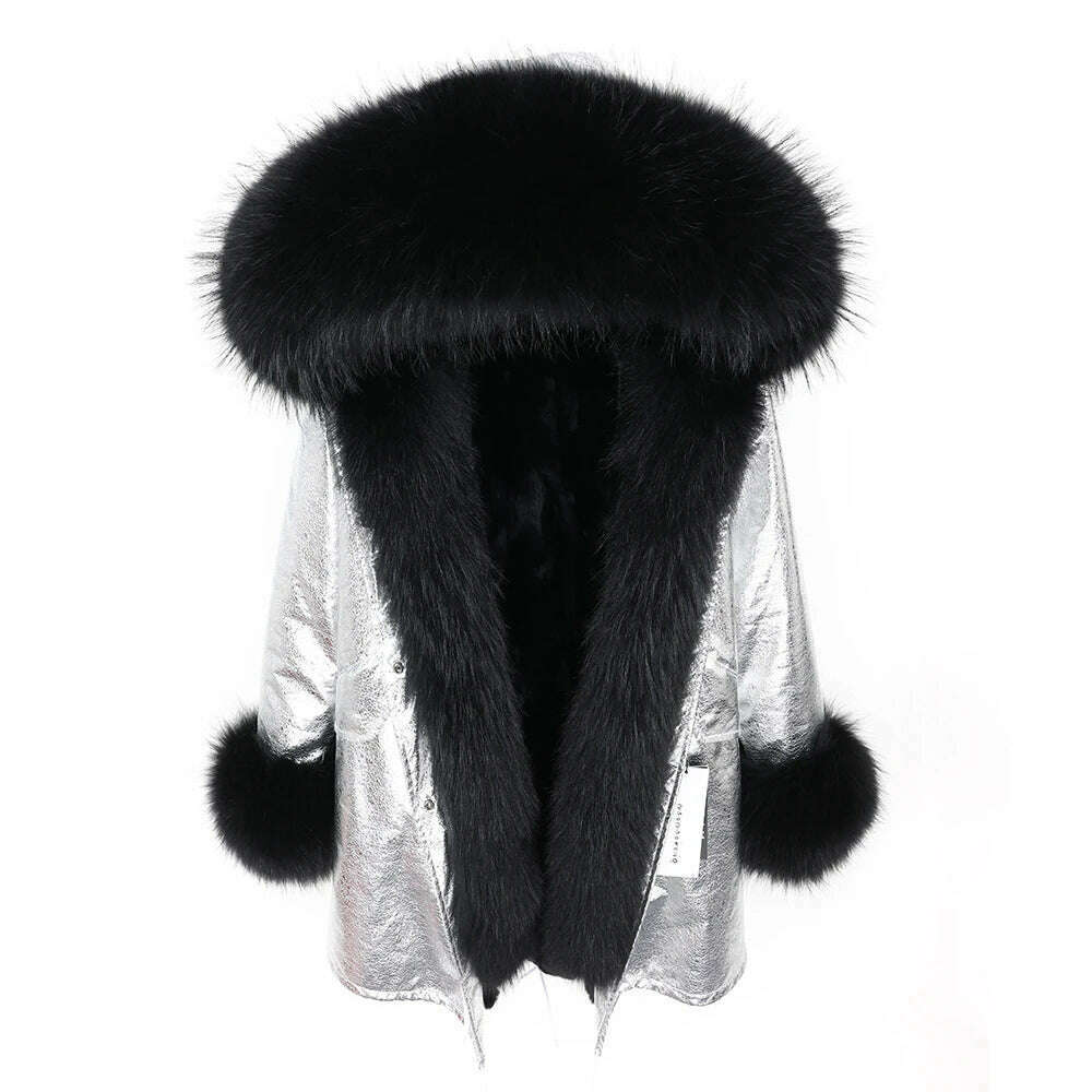 MMK fashion women's parka coat rabbit fur lining big raccoon fur collar winter coat jacket long hooded army green season warm ja - KIMLUD