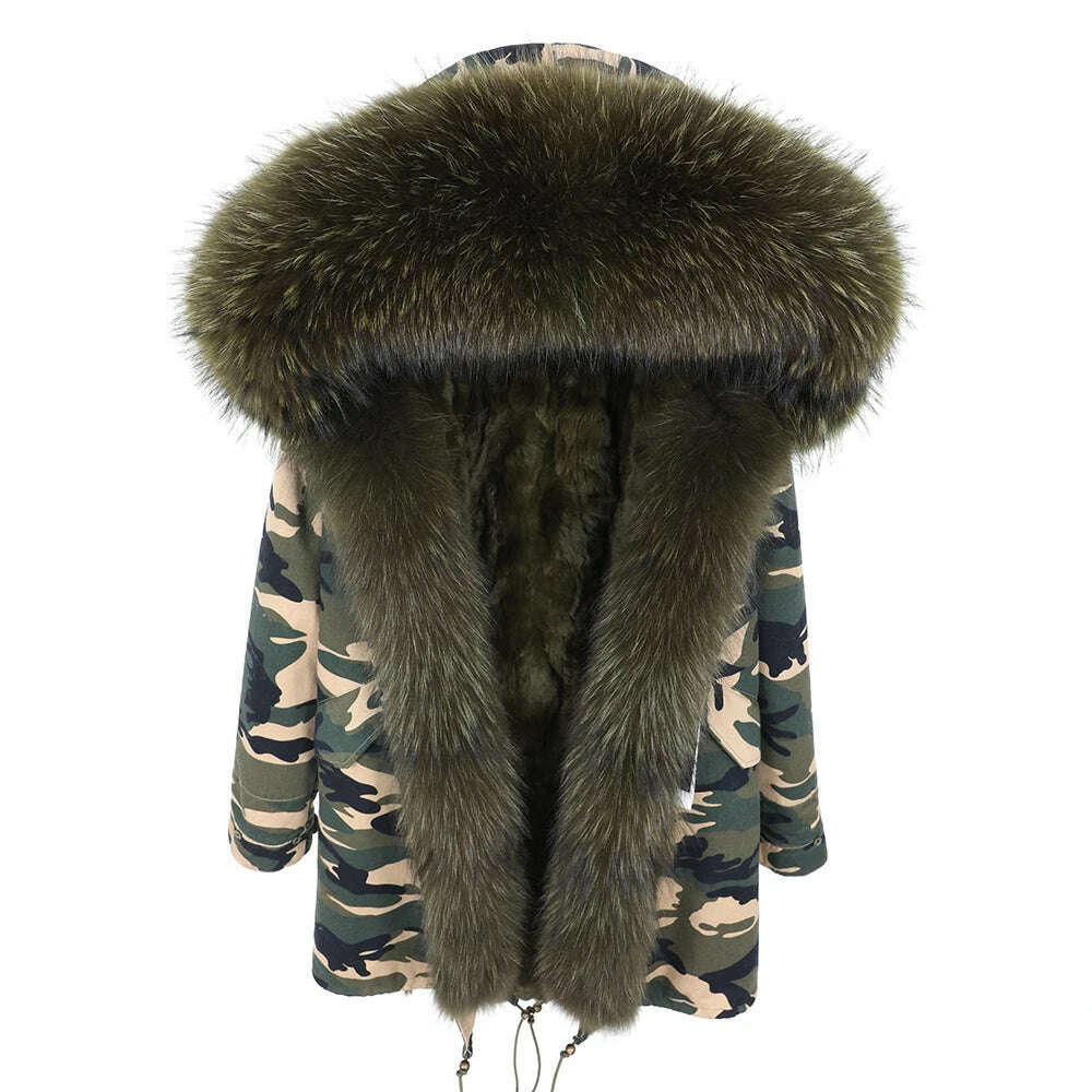 MMK fashion women's parka coat rabbit fur lining big raccoon fur collar winter coat jacket long hooded army green season warm ja - KIMLUD