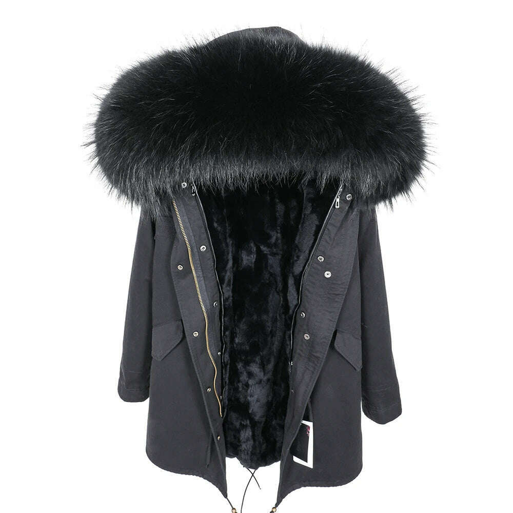 MMK fashion women's parka coat rabbit fur lining big raccoon fur collar winter coat jacket long hooded army green season warm ja - KIMLUD