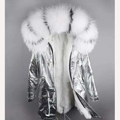 MMK fashion women's parka coat rabbit fur lining big raccoon fur collar winter coat jacket long hooded army green season warm ja - KIMLUD